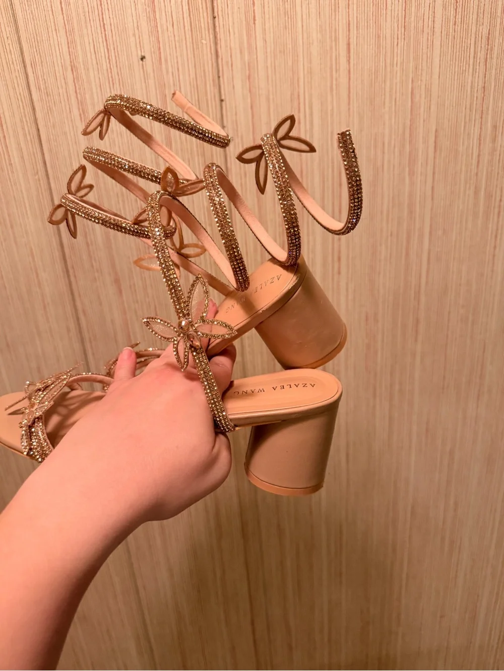 Embellished Spiral-Strap Heeled Sandals — Rose Gold